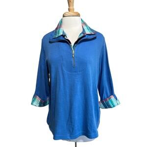 Blair Women's Large Double Look Sienna Blue Plaid Pullover Shirt Top Zip Neck